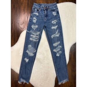 American Eagle Mom Jean 00 Medium Wash Distressed High Rise Denim Women